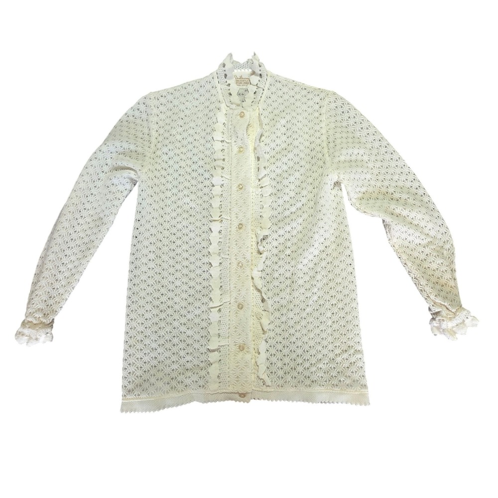 Anthony's Vintage‎ 60s Edwardian Crochet Lace Button Down Blouse White
